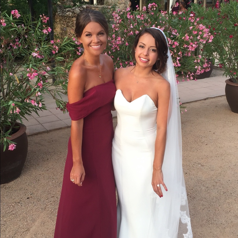 Floor length, burgundy bridesmaid dress